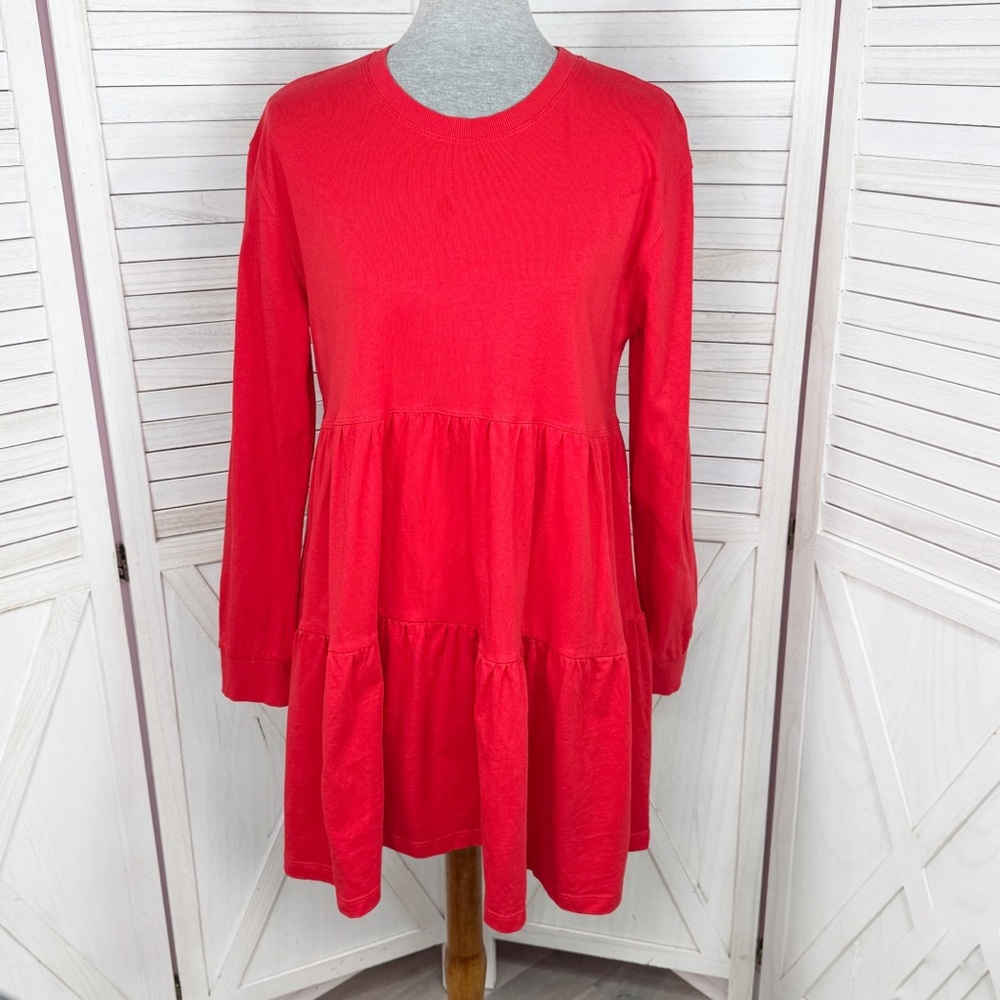 Zara Tiered Crew Neck T Shirt Babydoll Tunic Shift Dress Red Medium